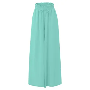 High waisted mint green wide leg palazzo pants with elastic drawstring waist.