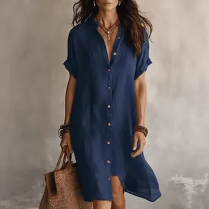 Marineblaues kurzärmeliges Hemdblusenkleid für Damen mit lässiger mittlerer Länge