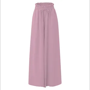 Detail view of women's mauve high waisted wide leg trousers with drawstring bow.