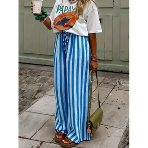 Pantaloni estivi casual da donna con strisce verticali bianche e blu gamba larga