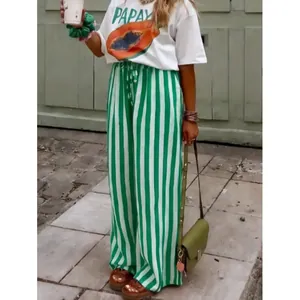 Pantaloni casual da donna a gamba larga a righe verticali verdi e bianche per l'estate
