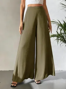 Pantalon large vert olive élégant à taille haute et tissu texturé fluide et léger.