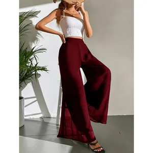 Pantalon large élégant en mousseline bordeaux à taille haute pour un style d'été