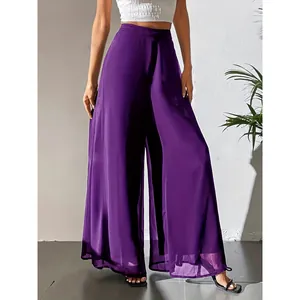 Pantalon large en mousseline violet foncé élégant avec taille haute et coupe fluide