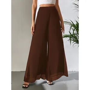 Pantalon large élégant en mousseline marron foncé pour l'été