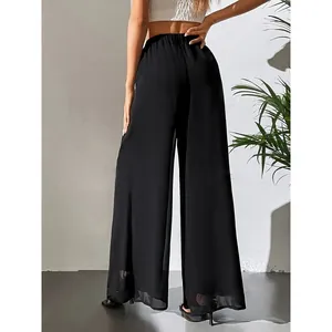 Pantalon large élégant en mousseline noire avec taille haute élastique pour femme