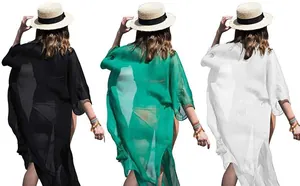 Three colors of lightweight chiffon beach cover ups shown from the back over bikinis.
