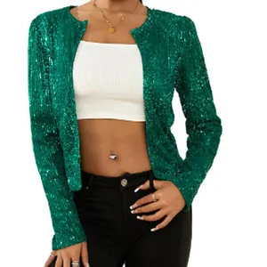 Detailansicht der eleganten funkelnden grünen Paillettenjacke für Damen Party Mode