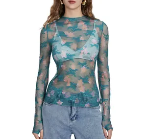 High-quality detail view of a trendy floral sheer mesh lace long sleeve top for women