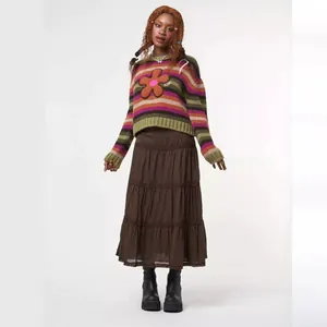 Jupe longue marron vintage à volants avec détails en dentelle chic femme