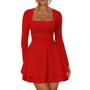 Red long sleeve mini dress with a square neckline and pleated flared skirt detail.