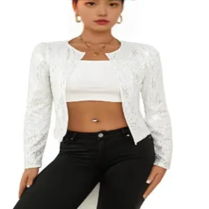 Damen Mode Pailletten Jacke Kurz Casual Stehkragen Langarm Reißverschluss Glamouröse Party Streetwear Oberbekleidung Top