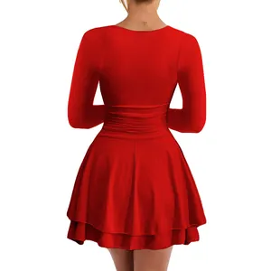 Red long sleeve pleated mini dress with a square neck and high waist for parties