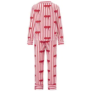 Conjunto de pijama navideño para mujer con rayas verticales rojas y blancas y lazos