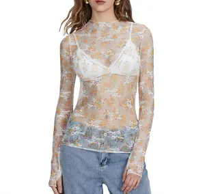 Elegant floral print sheer mesh lace top for women featuring stylish long sleeves