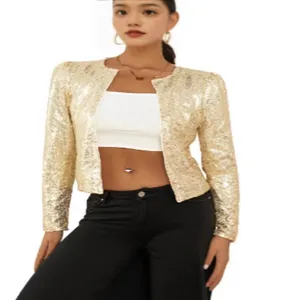 Elegante Damen Paillettenjacke in Champagnergold mit Stehkragen und kurzem Schnitt