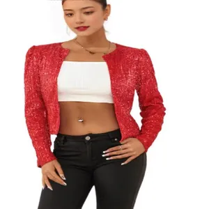 Elegante kurze rote Paillettenjacke für Damen mit langen Ärmeln und offenem Design