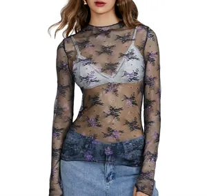 Elegant sheer mesh long sleeve top featuring intricate purple floral lace patterns for women