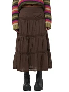 Jupe Midi à Étages Bohème Brun Foncé pour Femmes Ajouré Couleur Unie Polyester Patchwork Décontracté Vacances Jupe Longue