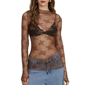 Sexy brown sheer floral lace long sleeve mesh top for women 2024 trendy summer style