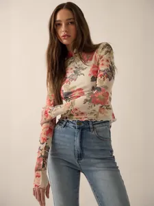 Vintage Damen Langarm-Mesh-Top mit Blumenmuster und Rüschenkanten für Sommer Look