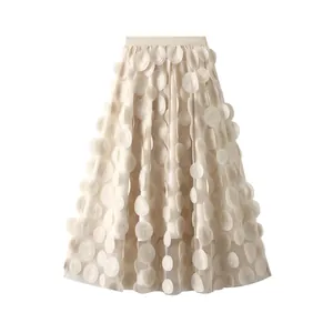 Exquisite detailed view of cream 3D floral appliqué mesh A-line midi skirt for women
