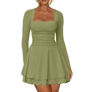 Detail of olive green square neck mini dress with ruched waist and long sleeves