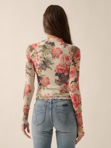 Süßes Langarm-Mesh-Top mit Rosendruck, schmal geschnittenes Sonnenschutz-Shirt für Damen
