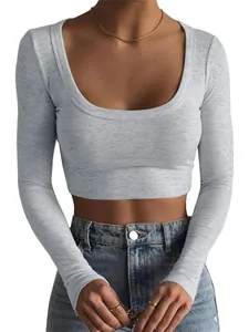 Dames Geribd Katoen Lange Mouw Crop Top Ronde Hals Slim Fit Basis T-Shirt Effen Kleur Mode Streetwear Top