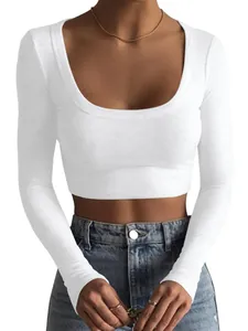 Witte crop top met lange mouwen van geribd katoen en een diepe ronde hals voor dames