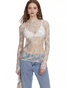 Women Sexy See Through Mesh Lace Floral Top Printed Viscose Long Sleeve Slim Fit Streetwear Casual Hot Girl Tee