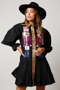 Elegant Christmas Nutcracker sequin long sleeve lapel mini dress for holiday party.