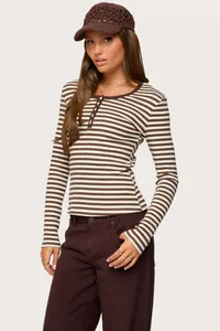 Slim fit brown striped long sleeve Henley shirt with button placket detail for women
