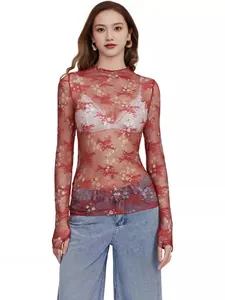 Elegant red sheer floral lace long sleeve mesh top for women stylish streetwear