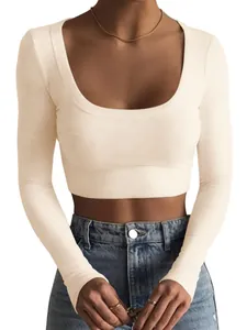 Cropped top met lange mouwen en ronde hals van geribbelde katoen, slim fit crèmekleur