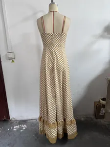 Back view of checkered spaghetti strap maxi dress with a ruffled tiered hemline