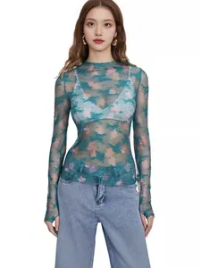 Elegant women's sexy sheer mesh floral print long sleeve top with intricate lace details