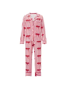 Conjunto de pijama clásico de rayas rojas y blancas con estampado de lazos para mujer