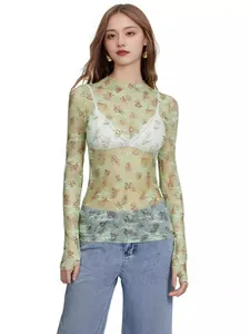 Trendy floral sheer mesh long sleeve lace top for women in light green, sexy style