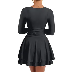 Detailed back view of elegant black square neck long sleeve dress with ruffled hem