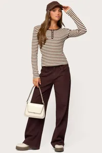 Slim fit brown striped long sleeve Henley T-shirt with five buttons for a vintage look