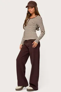 Slim-fit brown striped long sleeve T-shirt for women in American vintage style