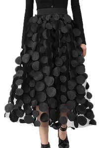 Women's High Waist 3D Floral Mesh A-Line Skirt Elegant Fairy Tulle Skirt Polyester Autumn Design Bottom For Women Party