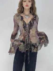 Vintage Kunst Tie-Dye Mesh Oberteil für Damen Rüschen Schnürung Slim Fit Flare Langarm Retro Boho Bluse Oberteil