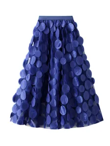 Elegant blue A-line midi skirt featuring heavy 3D mesh floral petal decorations