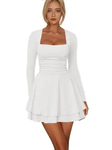 Elegant white square neck long sleeve mini dress with pleated waist and ruffled skirt