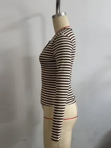 Slim fit brown and white horizontal striped long-sleeve T-shirt with a round neck style.