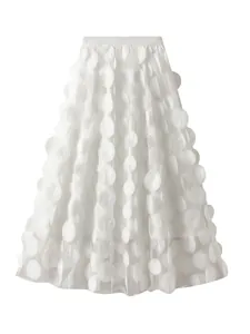 Elegant white high-waist mesh A-line skirt with 3D floral appliques, fairy style.