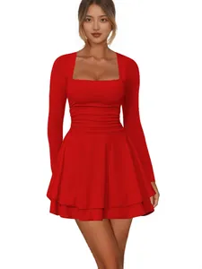 Stylish women's square neck red long sleeve dress with a pleated waist for party wear