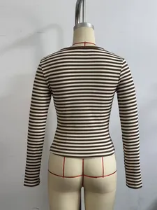 Back view of brown and white striped slim-fit long sleeve t-shirt on a mannequin